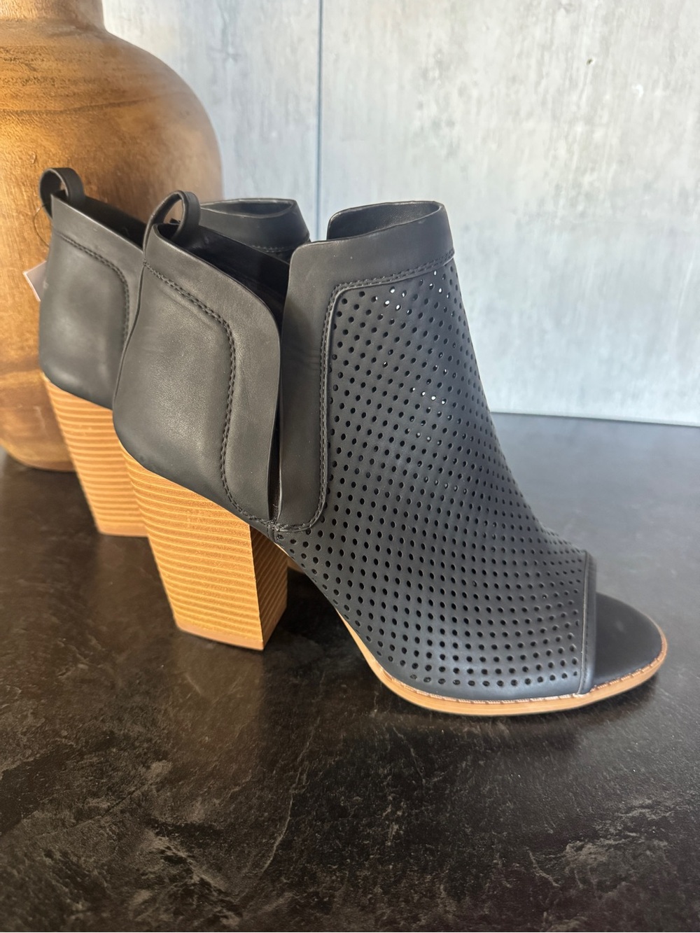 Qupid | Black Perforated Open-Toe Block Heel Booties | 10